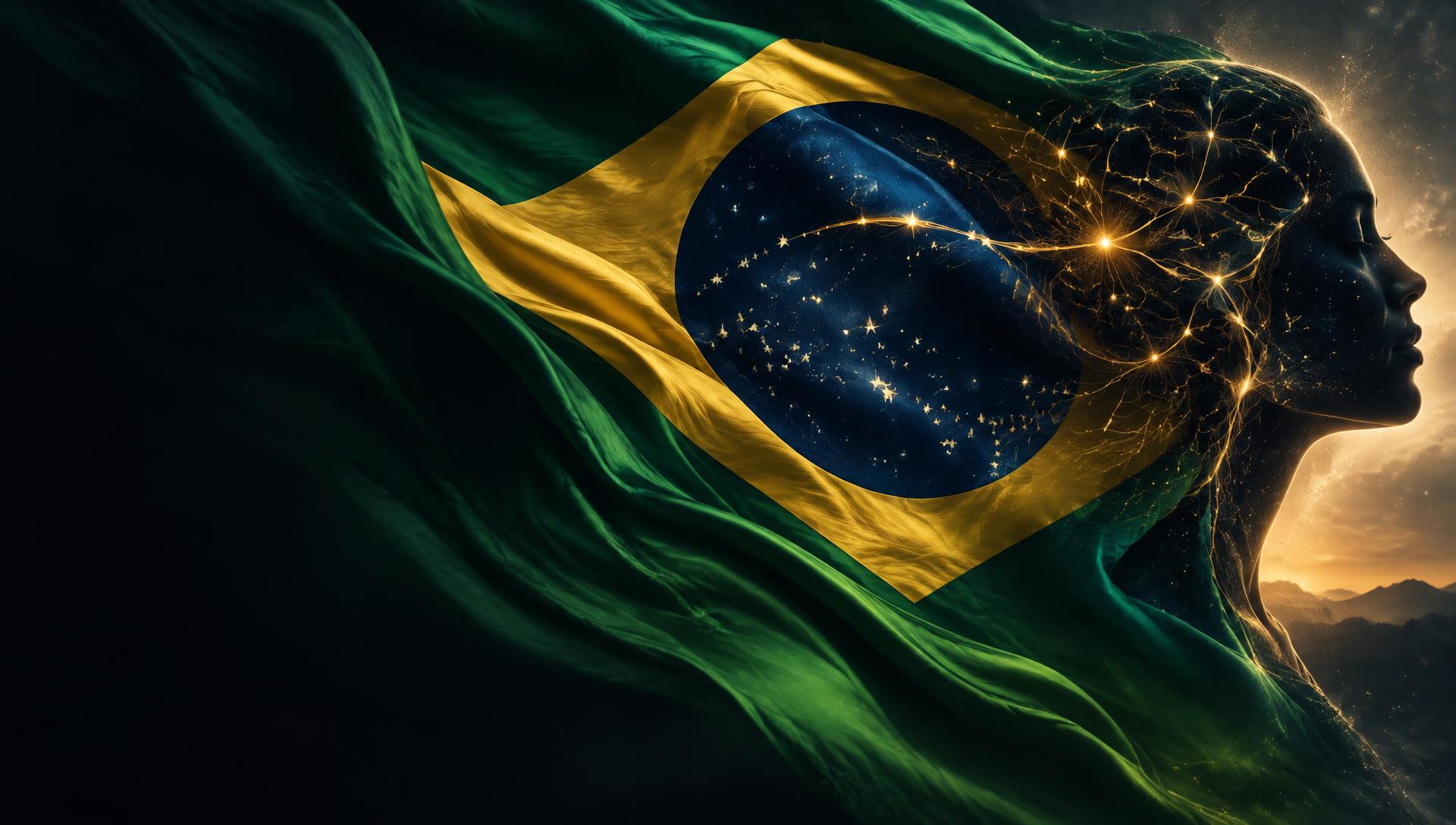Bandeira do Brasil em movimento fundindo-se ao perfil de uma cabeça humana com linhas luminosas de pensamento